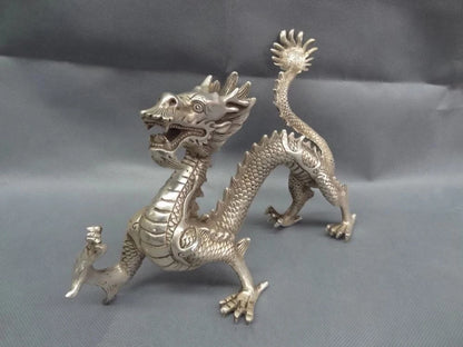 Chinese Silver Zodiac Myth Beast Figurine Wealth Fly Dragon Bronze Statue