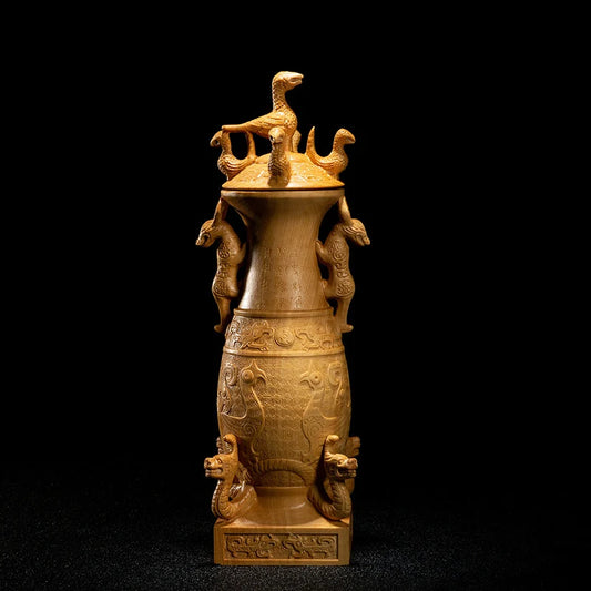 Chinese Style Auspicious Dragon Phoenix Cup Wood Statue Boxwood Carving Crafts Home Decorations Ornaments