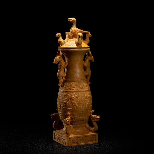 Chinese Style Auspicious Dragon Phoenix Cup Wood Statue Boxwood Carving Crafts Home Decorations Ornaments