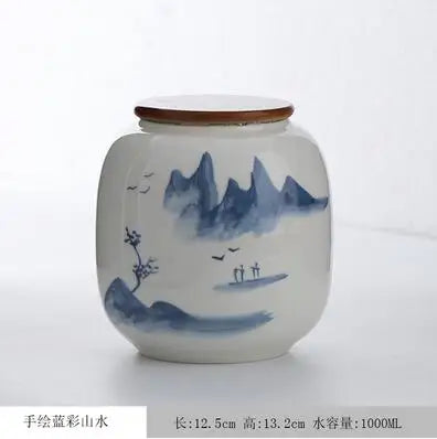 Chinese Style Big Tea Caddy Storage Box, Portable Sealed Tea Cans, Ceramic Porcelain Canister for Spices Organizer, Tea Jars