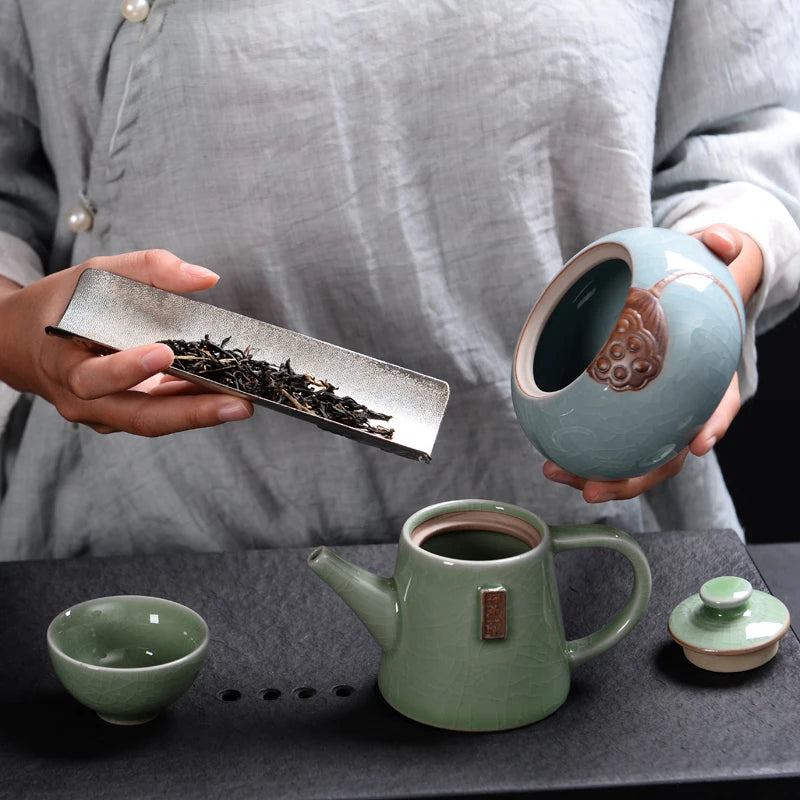 Chinese Style Big Tea Caddy Storage Box, Portable Sealed Tea Cans, Ceramic Porcelain Canister for Spices Organizer, Tea Jars