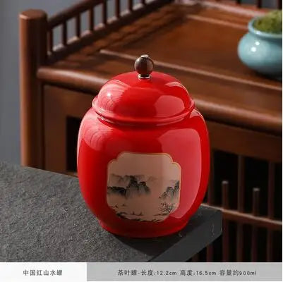 Chinese Style Big Tea Caddy Storage Box, Portable Sealed Tea Cans, Ceramic Porcelain Canister for Spices Organizer, Tea Jars