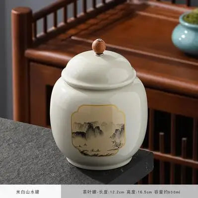Chinese Style Big Tea Caddy Storage Box, Portable Sealed Tea Cans, Ceramic Porcelain Canister for Spices Organizer, Tea Jars