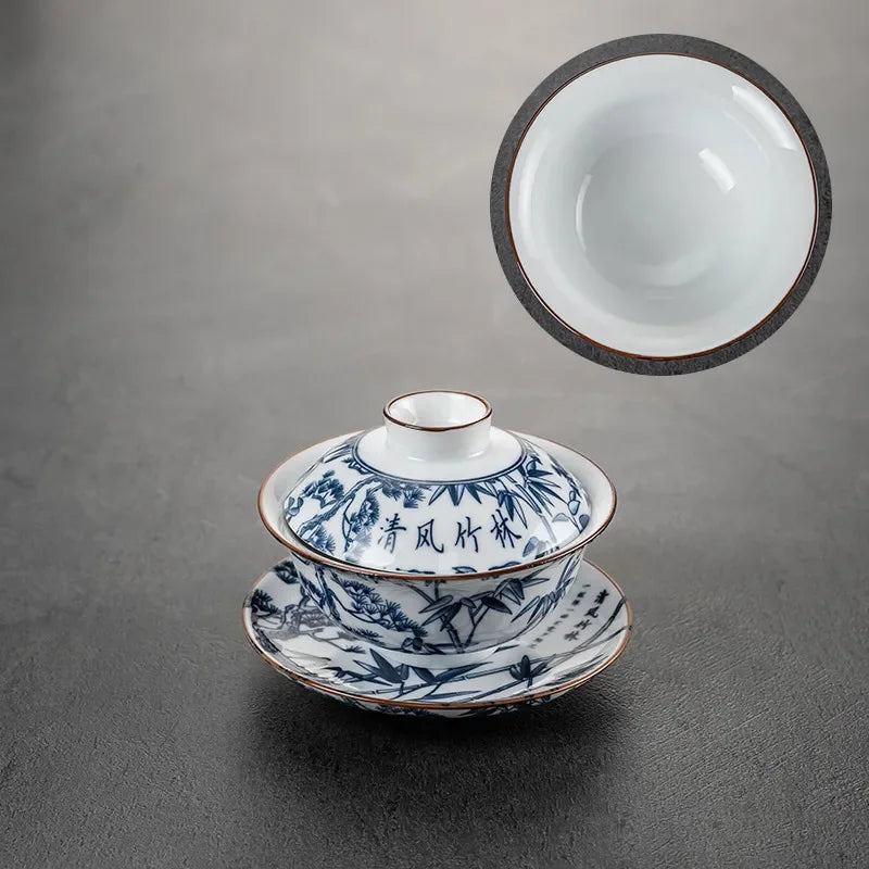 Chinese Style Blue and White Porcelain Tea Set Household Ceramic Gaiwan White Porcelain Cover Bowl Tea Cup Handmade Tea Maker