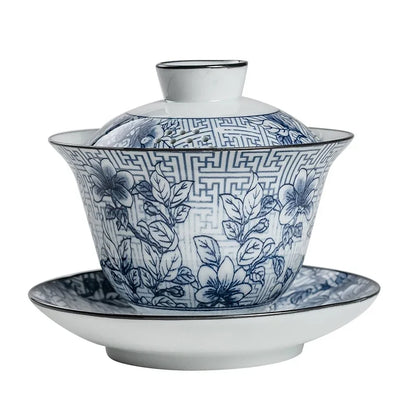 Chinese Style Blue and White Porcelain Tea Set Household Ceramic Gaiwan White Porcelain Cover Bowl Tea Cup Handmade Tea Maker