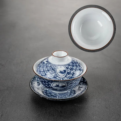 Chinese Style Blue and White Porcelain Tea Set Household Ceramic Gaiwan White Porcelain Cover Bowl Tea Cup Handmade Tea Maker