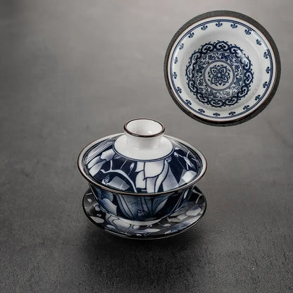 Chinese Style Blue and White Porcelain Tea Set Household Ceramic Gaiwan White Porcelain Cover Bowl Tea Cup Handmade Tea Maker