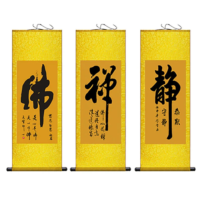 Chinese Style Buddhist Zen Painting Silk Wall Art Porch Hanging Scroll,Oriental Elegant Calligraphy Hanging Painting Home Decor