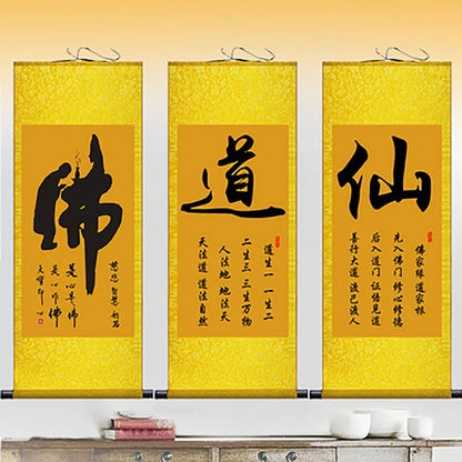 Chinese Style Buddhist Zen Painting Silk Wall Art Porch Hanging Scroll,Oriental Elegant Calligraphy Hanging Painting Home Decor