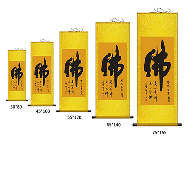 Chinese Style Buddhist Zen Painting Silk Wall Art Porch Hanging Scroll,Oriental Elegant Calligraphy Hanging Painting Home Decor