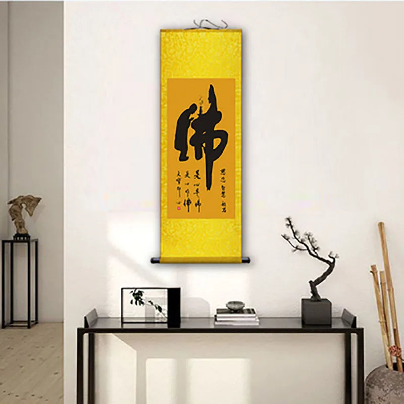 Chinese Style Buddhist Zen Painting Silk Wall Art Porch Hanging Scroll,Oriental Elegant Calligraphy Hanging Painting Home Decor