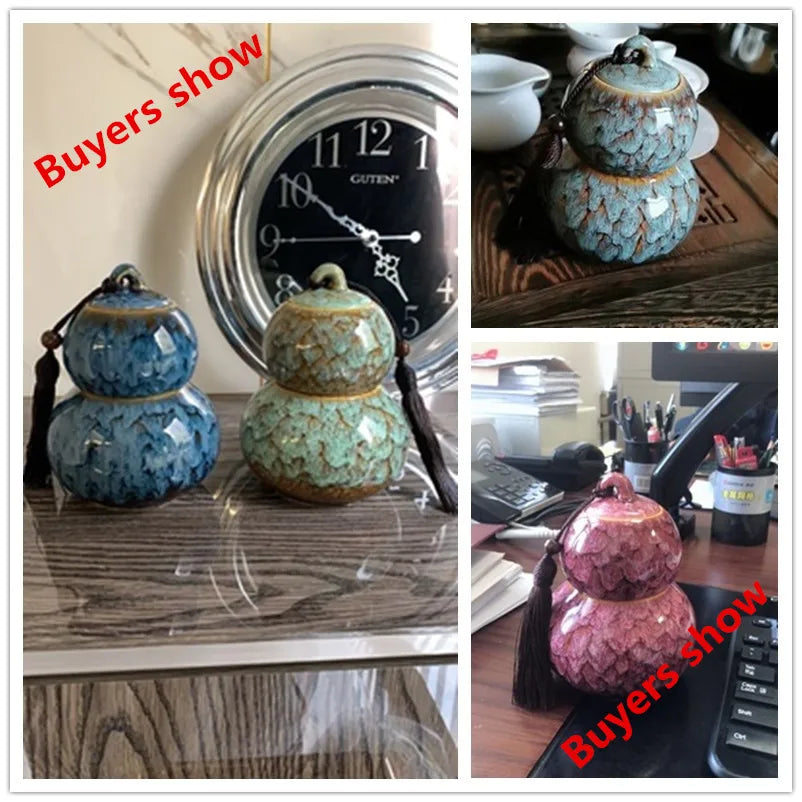 Chinese Style Ceramic Double Layer Gourd Tea Caddy, Portable Sealed Tea Can, Travel Storage, Spice Tea Boxes, Candy Storage Tank