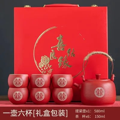 Chinese Style Ceramic Filter Tea Pot Set, Household Tea Pot and Cup Set, Red Teaware Gifts, Wedding, A Pot of Eight Cups