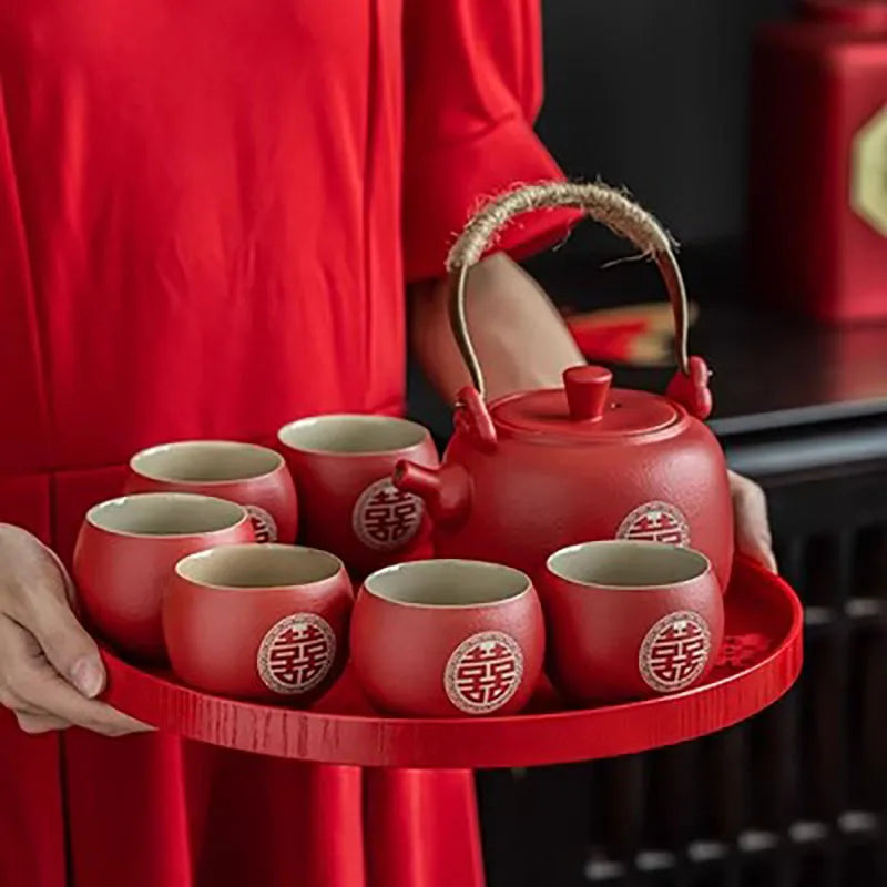 Chinese Style Ceramic Filter Tea Pot Set, Household Tea Pot and Cup Set, Red Teaware Gifts, Wedding, A Pot of Eight Cups