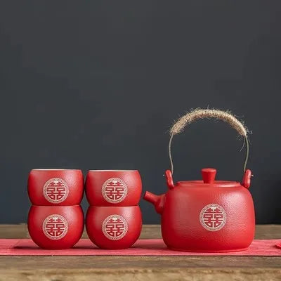 Chinese Style Ceramic Filter Tea Pot Set, Household Tea Pot and Cup Set, Red Teaware Gifts, Wedding, A Pot of Eight Cups