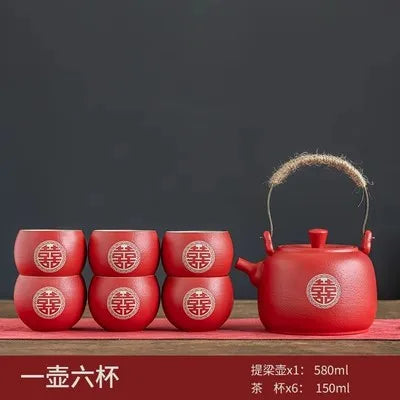 Chinese Style Ceramic Filter Tea Pot Set, Household Tea Pot and Cup Set, Red Teaware Gifts, Wedding, A Pot of Eight Cups