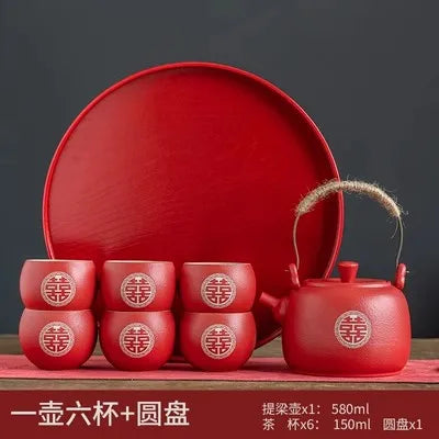 Chinese Style Ceramic Filter Tea Pot Set, Household Tea Pot and Cup Set, Red Teaware Gifts, Wedding, A Pot of Eight Cups