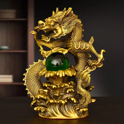 Chinese Style Fengshui Wealth Attract Brass Dragon Ornaments Auspicious Dragon Playing with Pearls Living Room Decoration