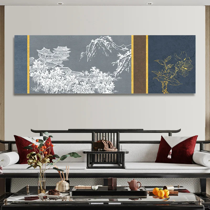 Chinese Style Ink Painting Alpine Canvas Decorative Painting Bedroom Living Room Wall Art Posters Solid Wood Scroll Paintings