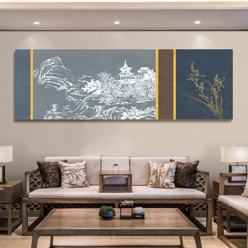 Chinese Style Ink Painting Alpine Canvas Decorative Painting Bedroom Living Room Wall Art Posters Solid Wood Scroll Paintings