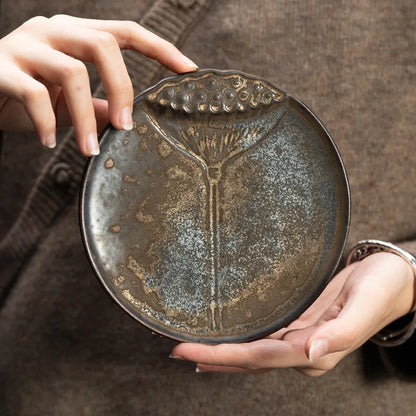 Chinese Style Kiln Baked Stoneware Gilding Pot Tray Lotus Auspicious Tea Pot Base Simple Single Tea Table Serving Tray Tea Tray