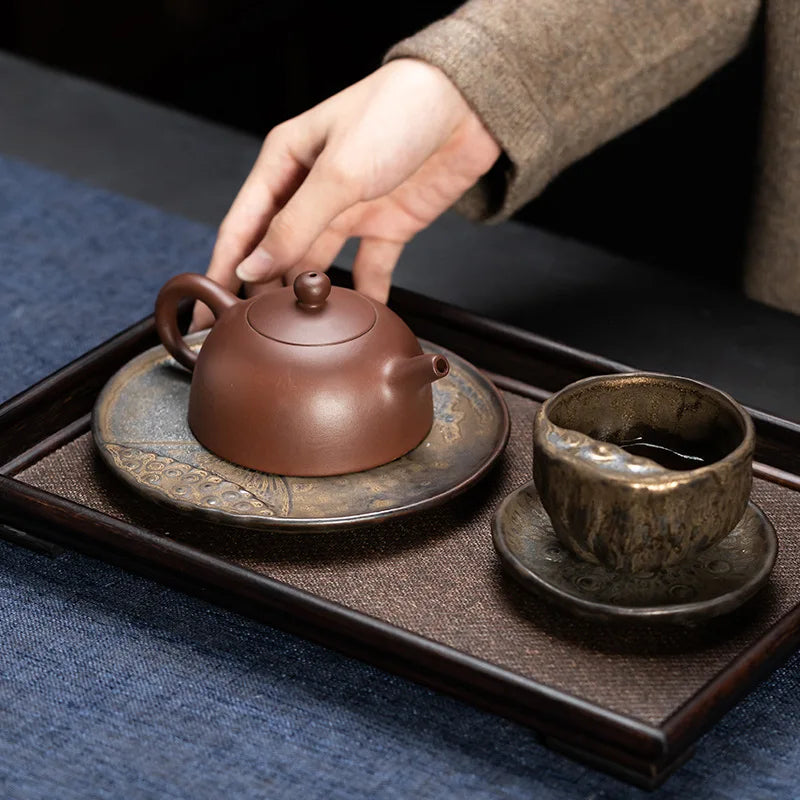 Chinese Style Kiln Baked Stoneware Gilding Pot Tray Lotus Auspicious Tea Pot Base Simple Single Tea Table Serving Tray Tea Tray