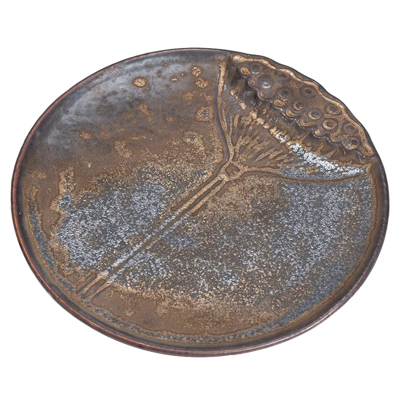 Chinese Style Kiln Baked Stoneware Gilding Pot Tray Lotus Auspicious Tea Pot Base Simple Single Tea Table Serving Tray Tea Tray