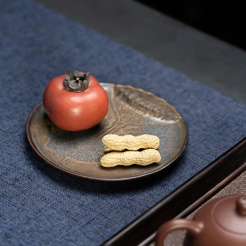 Chinese Style Kiln Baked Stoneware Gilding Pot Tray Lotus Auspicious Tea Pot Base Simple Single Tea Table Serving Tray Tea Tray
