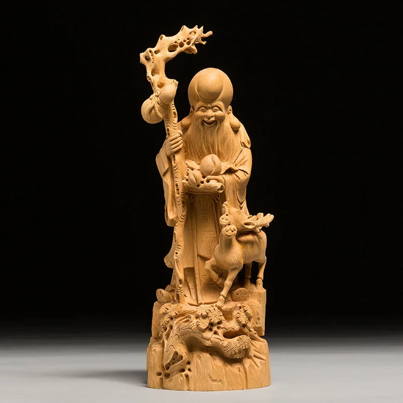 Chinese Style Longevity God Old Shou Xing Wood Carving Sculpture Buddha Home Decoration Crafts