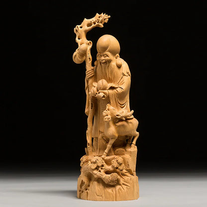 Chinese Style Longevity God Old Shou Xing Wood Carving Sculpture Buddha Home Decoration Crafts