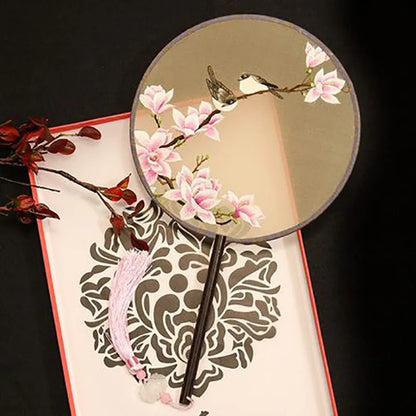 Chinese Style Suzhou Flower Birds Pattern Double-sided Embroidery Hand Held Round Circular Fan Pure Hand Embroidered Palace Fan