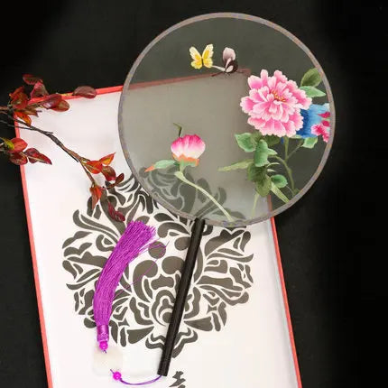 Chinese Style Suzhou Flower Birds Pattern Double-sided Embroidery Hand Held Round Circular Fan Pure Hand Embroidered Palace Fan
