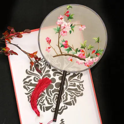 Chinese Style Suzhou Flower Birds Pattern Double-sided Embroidery Hand Held Round Circular Fan Pure Hand Embroidered Palace Fan