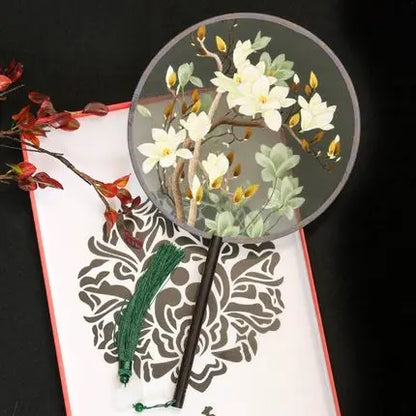 Chinese Style Suzhou Flower Birds Pattern Double-sided Embroidery Hand Held Round Circular Fan Pure Hand Embroidered Palace Fan