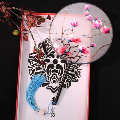 Chinese Style Suzhou Flower Birds Pattern Double-sided Embroidery Hand Held Round Circular Fan Pure Hand Embroidered Palace Fan