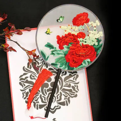 Chinese Style Suzhou Flower Birds Pattern Double-sided Embroidery Hand Held Round Circular Fan Pure Hand Embroidered Palace Fan