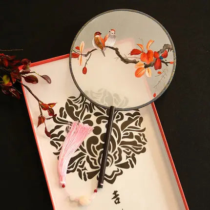 Chinese Style Suzhou Flower Birds Pattern Double-sided Embroidery Hand Held Round Circular Fan Pure Hand Embroidered Palace Fan