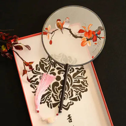 Chinese Style Suzhou Flower Birds Pattern Double-sided Embroidery Hand Held Round Circular Fan Pure Hand Embroidered Palace Fan