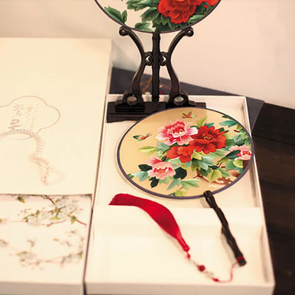 Chinese Style Suzhou Flower Birds Pattern Double-sided Embroidery Hand Held Round Circular Fan Pure Hand Embroidered Palace Fan
