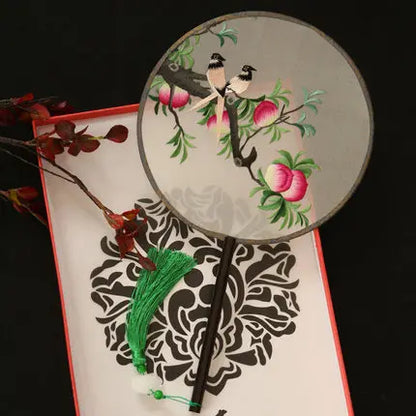Chinese Style Suzhou Flower Birds Pattern Double-sided Embroidery Hand Held Round Circular Fan Pure Hand Embroidered Palace Fan