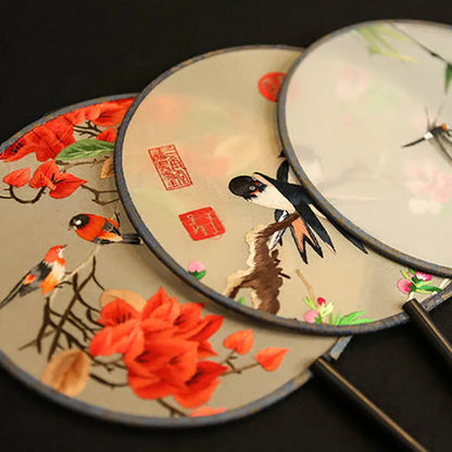 Chinese Style Suzhou Flower Birds Pattern Double-sided Embroidery Hand Held Round Circular Fan Pure Hand Embroidered Palace Fan