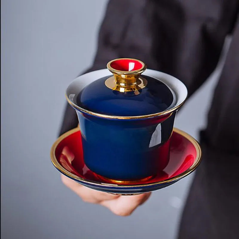 Chinese Style Tea Bowl, Drawing Gold Ceramic Sancai Gaiwan, Hand Painted, Sapphire Glaze Cover, Tea Maker
