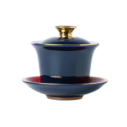 Chinese Style Tea Bowl, Drawing Gold Ceramic Sancai Gaiwan, Hand Painted, Sapphire Glaze Cover, Tea Maker