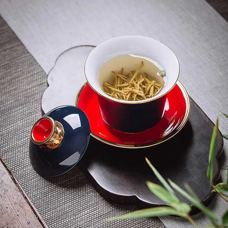 Chinese Style Tea Bowl, Drawing Gold Ceramic Sancai Gaiwan, Hand Painted, Sapphire Glaze Cover, Tea Maker