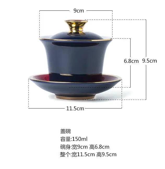 Chinese Style Tea Bowl, Drawing Gold Ceramic Sancai Gaiwan, Hand Painted, Sapphire Glaze Cover, Tea Maker