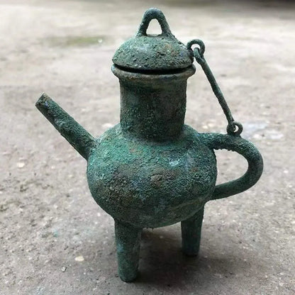 Chinese Style Teapots Ornaments, Green Rust Bronze Pot, Metal Utensils, Antique Ornaments, Collection Gift, Ornaments