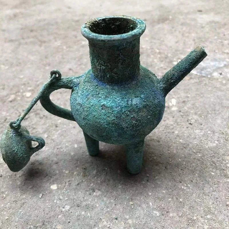 Chinese Style Teapots Ornaments, Green Rust Bronze Pot, Metal Utensils, Antique Ornaments, Collection Gift, Ornaments