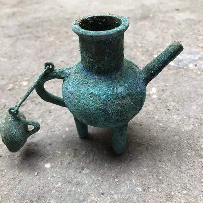 Chinese Style Teapots Ornaments, Green Rust Bronze Pot, Metal Utensils, Antique Ornaments, Collection Gift, Ornaments