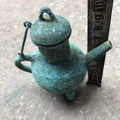 Chinese Style Teapots Ornaments, Green Rust Bronze Pot, Metal Utensils, Antique Ornaments, Collection Gift, Ornaments