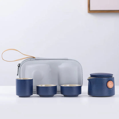 Chinese Style Travel Tea Set with Carrying Bag Ceramic Glaze Teapot 1 Pot 3 Cups Outdoor Camping Teapot Kung Fu Tea Cup Set